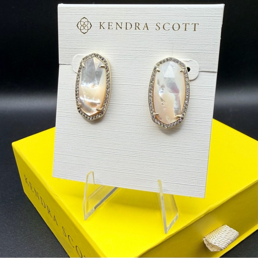 Kendra Scott Elsie Lux Earrings Ivory MOP Gold Crystal Halo Statement Earrings - Picture 8 of 9